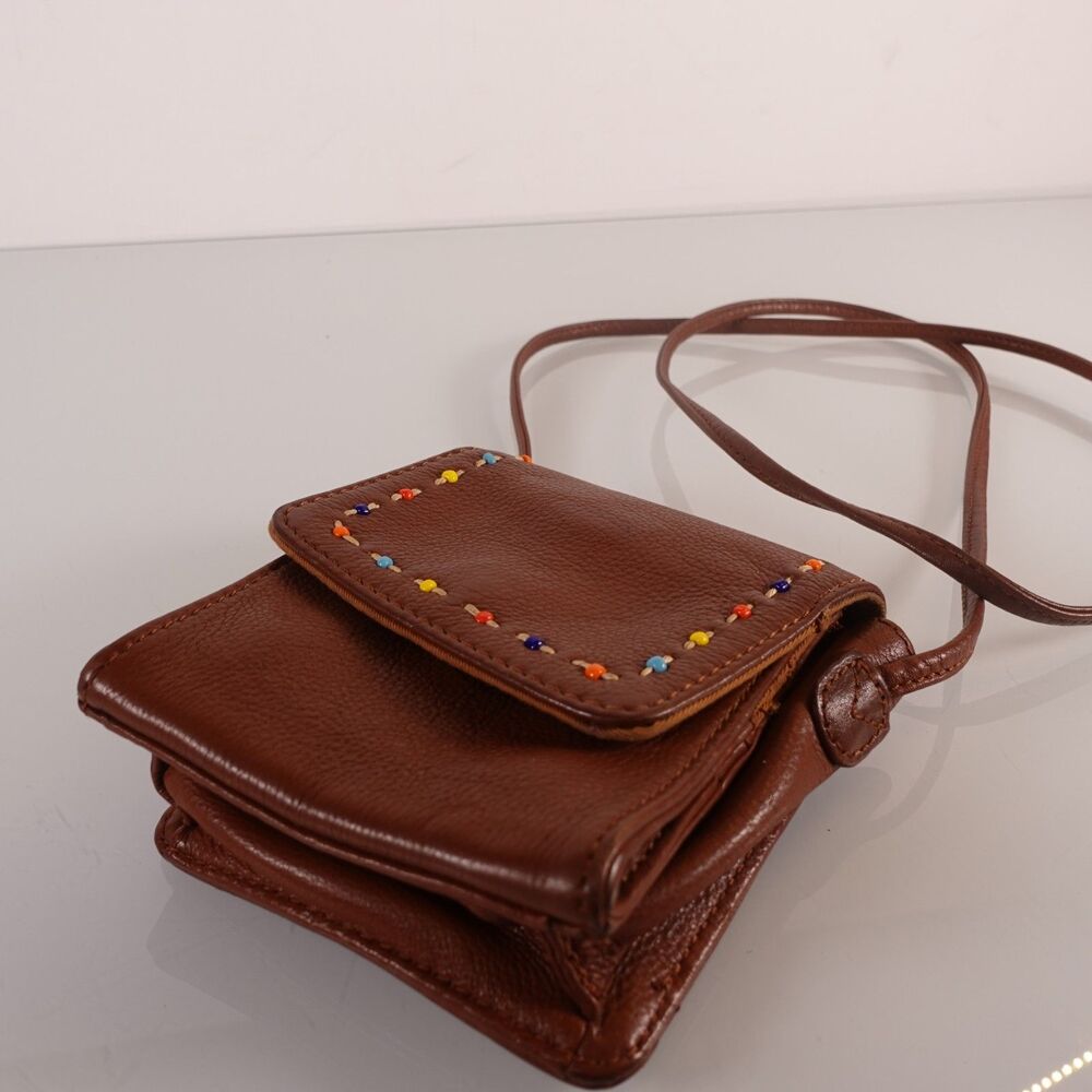 Vintage Fossil Crossbody Bag Small Brown Leather Multi Color Beaded Stitching - Picture 2 of 12